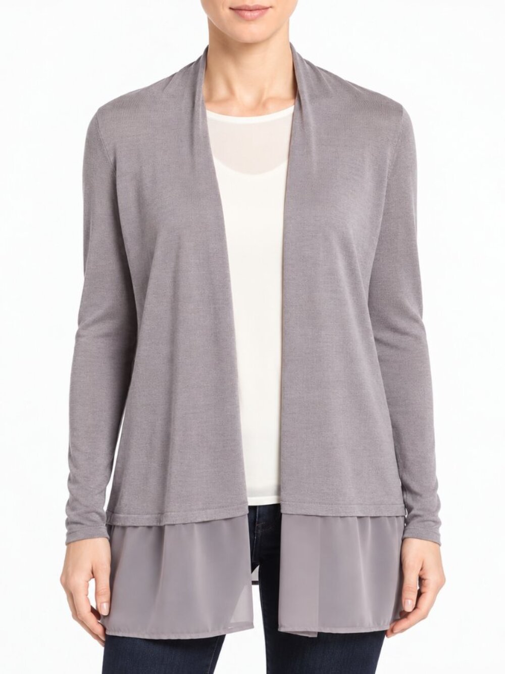 Nic+Zoe Cardigan Women PS Silk Blend Gray Taupe Chiffon Trim Open Front Petite